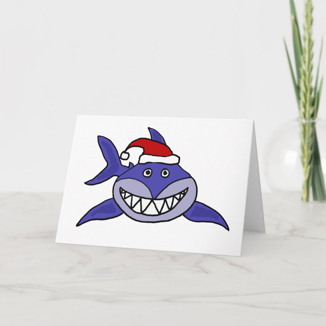 Smiling Shark Wearing Santa hat Christmas Art Holiday Card | Zazzle
