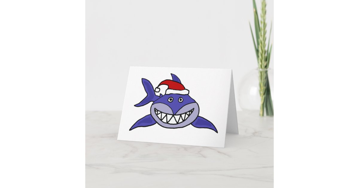 Smiling Shark Wearing Santa hat Christmas Art Holiday Card | Zazzle