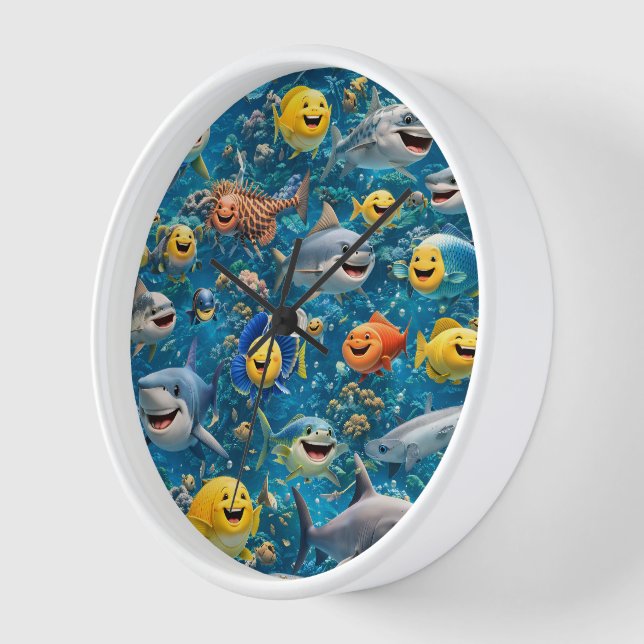 Smiling sharks and friends underwater round wall c clock (Angle)