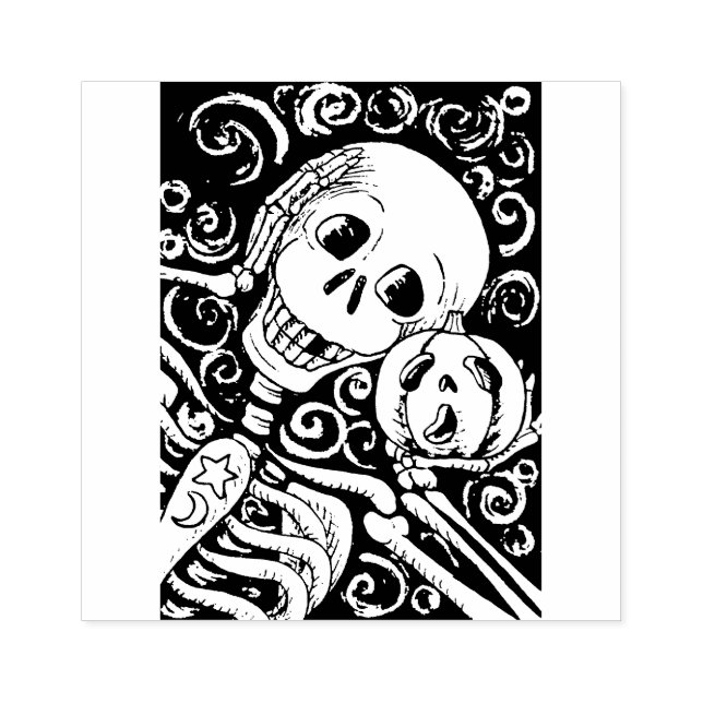 SMILING SKELETON & HIS JACK O LANTERN, HALLOWEEN RUBBER STAMP (Imprint)