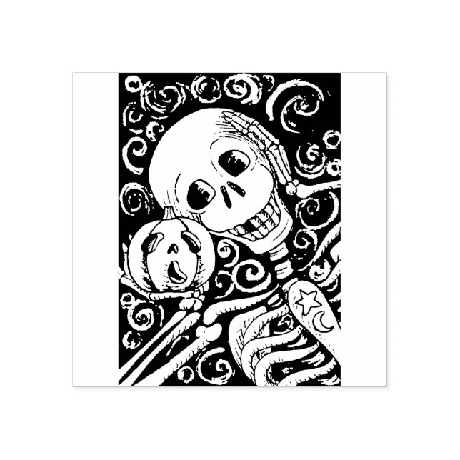 SMILING SKELETON & HIS JACK O LANTERN, HALLOWEEN RUBBER STAMP (Imprint)