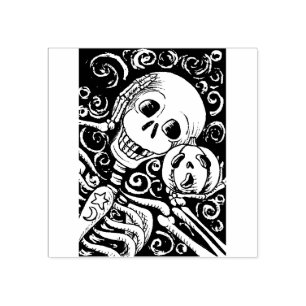 SMILING SKELETON & HIS JACK O LANTERN, HALLOWEEN RUBBER STAMP