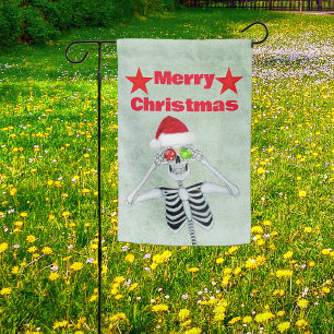 Smiling Skeleton Ornaments Santa Hat Stars Green Garden Flag
