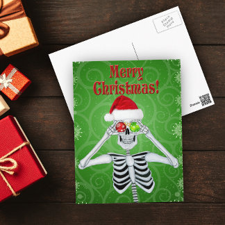Smiling Skeleton Santa Hat Ornaments Green Swirls Postcard