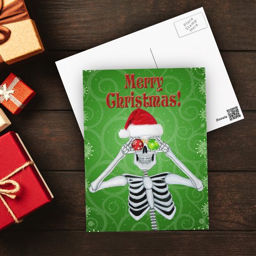 Smiling Skeleton Santa Hat Ornaments Green Swirls Postcard
