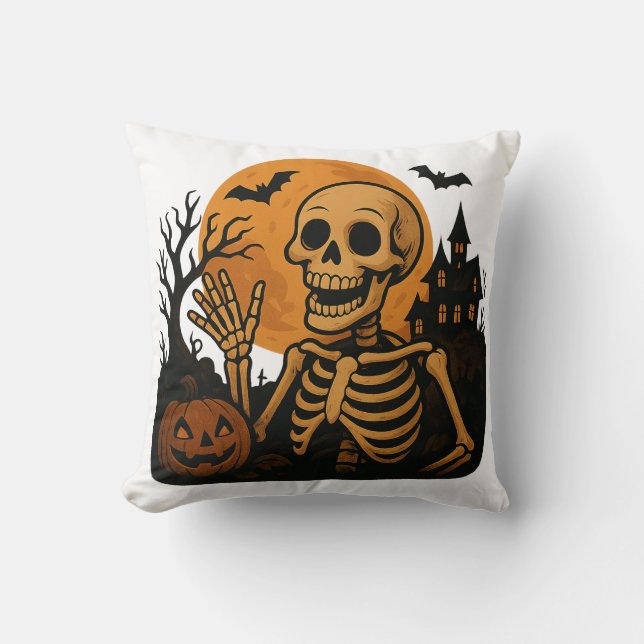 Smiling Skeleton with Pumpkin and Full Moon – Spoo Throw Pillow (Front)