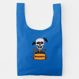 Smiling Skull Red Eyes Flying Bats Beware Sign Reusable Bag