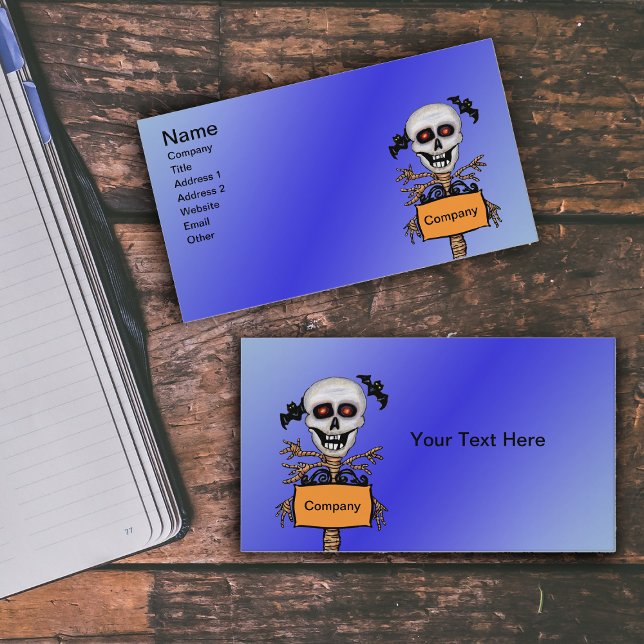 Smiling Skull Tree Branch Limbs Orange Sign Business Card (Creepy Skull red eyes tree branch arms Orange sign Bats on vibrant blue business cards.)