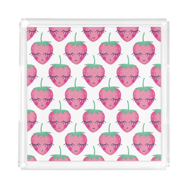 Smiling sleeping strawberries, cute pattern. acrylic tray (Front)