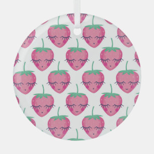 Smiling sleeping strawberries, cute pattern. glass ornament