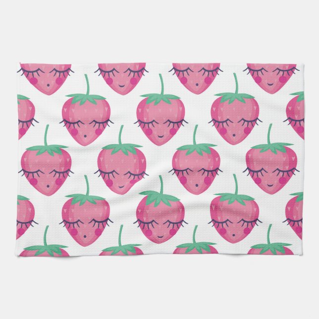 Smiling sleeping strawberries, cute pattern. kitchen towel (Horizontal)