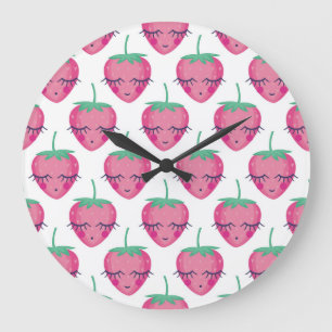 Smiling sleeping strawberries, cute pattern. large clock
