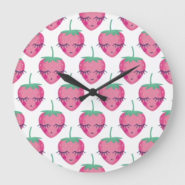 Smiling sleeping strawberries, cute pattern. large clock (Front)