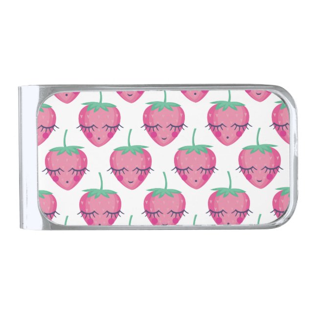 Smiling sleeping strawberries, cute pattern. silver finish money clip (Front)