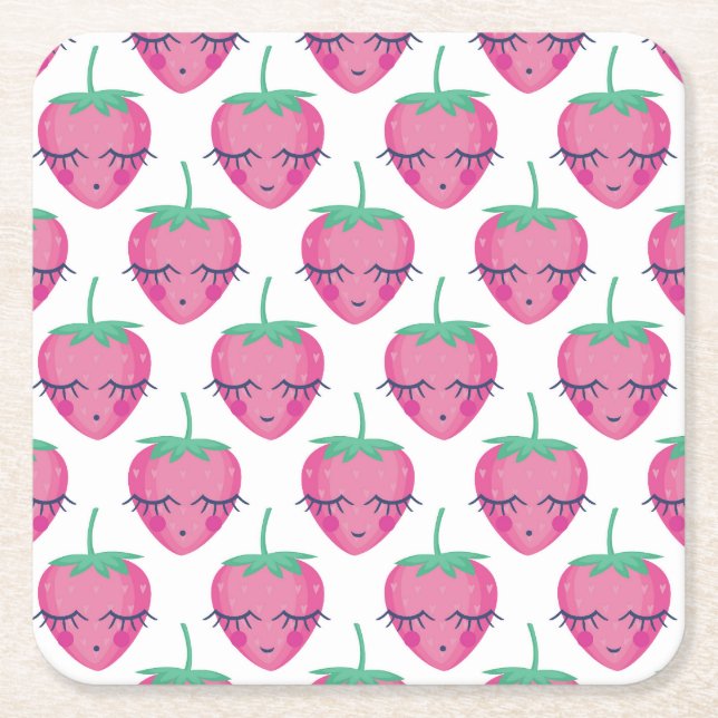 Smiling sleeping strawberries, cute pattern. square paper coaster (Front)