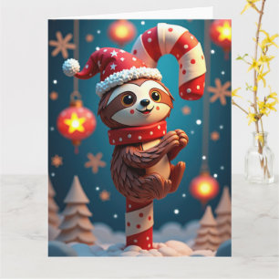 Smiling Sloth Hanging from Candy Cane Christmas Card