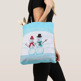Smiling Snow Couple waving hi, tote bags