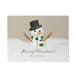 Smiling Snowman And Custom Family Name Christmas Doormat