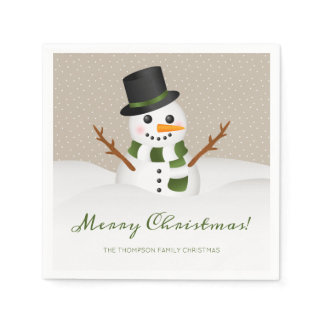 Smiling Snowman And Personalizable Name Christmas Paper Napkins