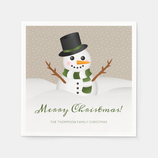 Smiling Snowman And Personalizable Name Christmas Paper Napkins (Front)