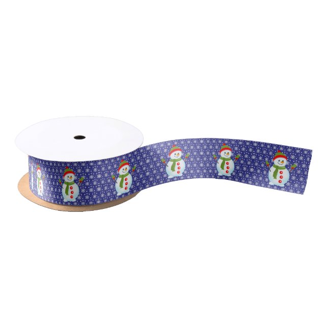 Smiling Snowman Blue and Snowflakes Christmas  Satin Ribbon (Spool)