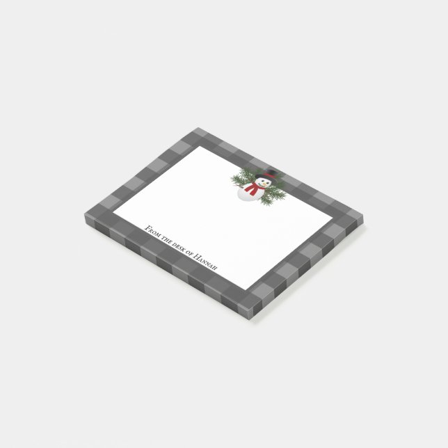 Smiling Snowman Buffalo Plaid Personalized Post-it Notes (Angled)