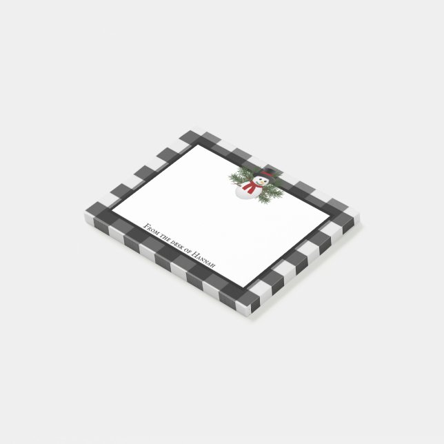 Smiling Snowman Buffalo Plaid Personalized Post-it Notes (Angled)