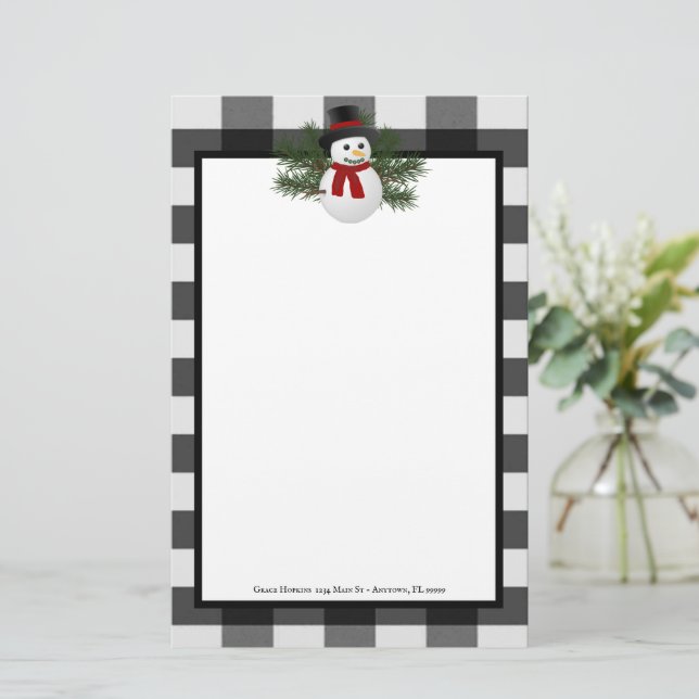 Smiling Snowman Buffalo Plaid Personalized Stationery (Standing Front)