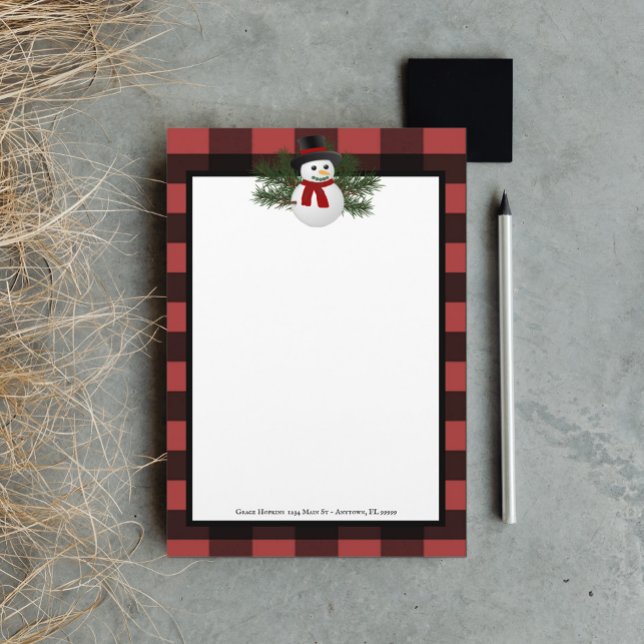 Smiling Snowman Buffalo Plaid Personalized Stationery (Creator Uploaded)