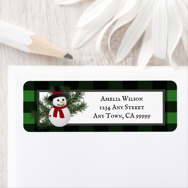 Smiling Snowman Buffalo Plaid Return Address Label (Insitu)