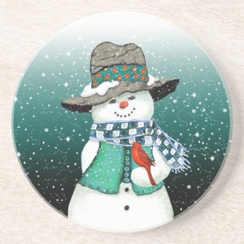 Smiling Snowman Cardinal in a Snowstorm Coaster