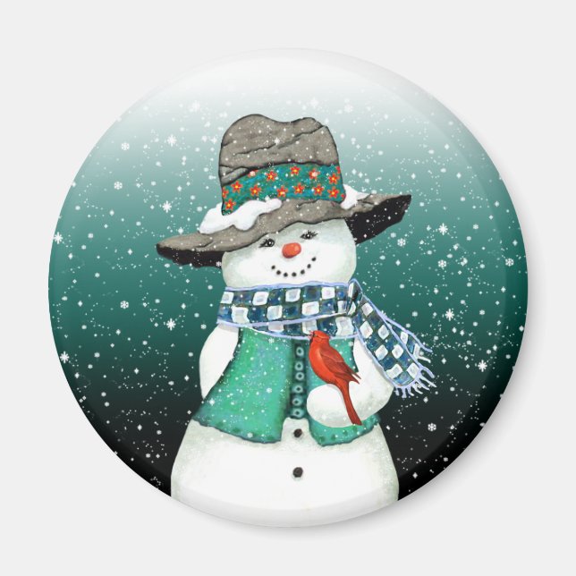 Smiling Snowman, Cardinal in a Snowstorm Magnet (Front)