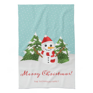 Smiling Snowman Cartoon Custom Name Christmas Kitchen Towel