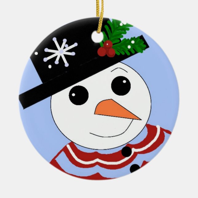 Smiling Snowman Ceramic Ornament (Front)