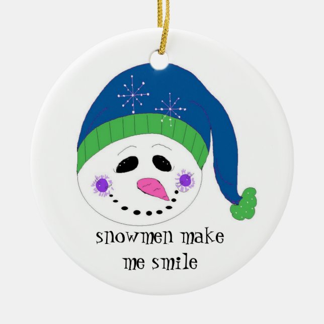 Smiling Snowman Ceramic Ornament (Front)