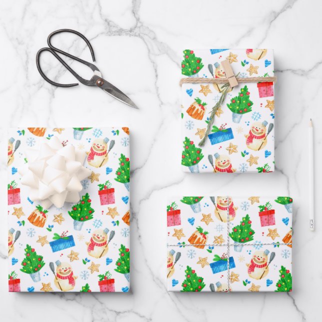 Smiling Snowman Christmas Tree Presents Cookies Wrapping Paper Sheets (Front)