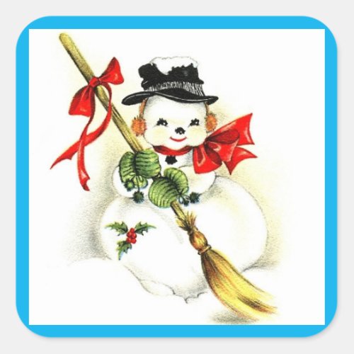 Smiling Snowman Cute w Hat Broom Holly  Bows Square Sticker