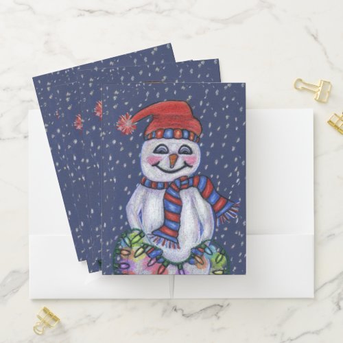 Smiling Snowman Hat Scarf Glowing Christmas Lights Pocket Folder