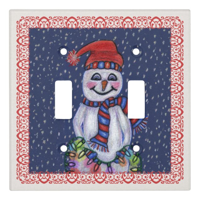 Smiling Snowman Hat Scarf Holding Christmas Lights Light Switch Cover (Front)