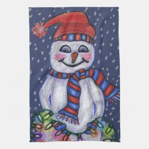 Smiling Snowman Hat Scarf Snow Christmas Lights Towel