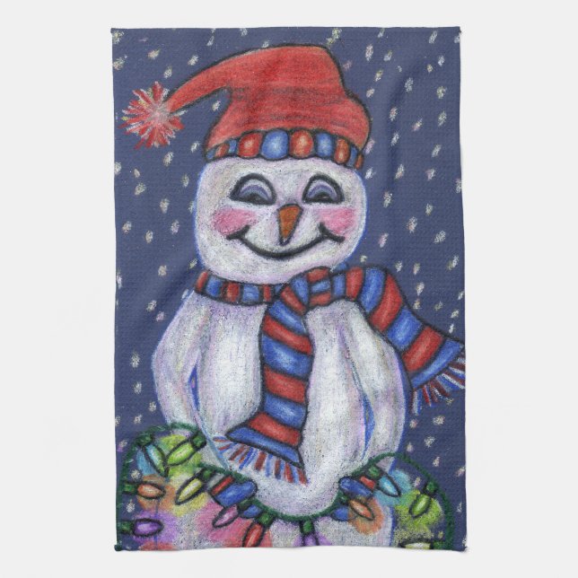 Smiling Snowman Hat Scarf Snow Christmas Lights Towel (Vertical)