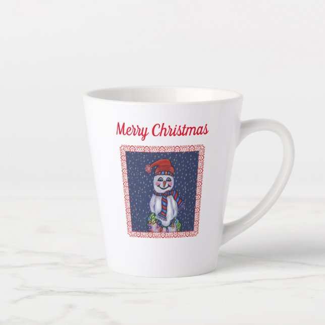 Smiling Snowman Hat Scarf With Christmas Lights Latte Mug (Right)