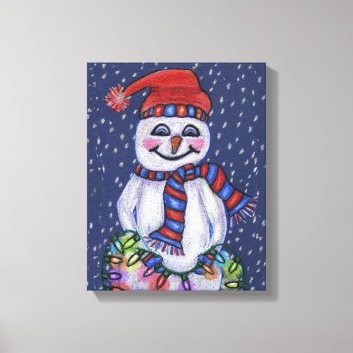 Smiling Snowman Holding Christmas Lights Snow Canvas Print