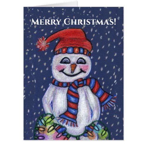 Smiling Snowman Holding Christmas Lights Snowflake Card