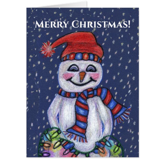 Smiling Snowman Holding Christmas Lights Snowflake Card (Front)