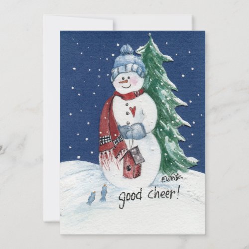 Smiling Snowman Holds Birdhouse Painting  Holiday Card