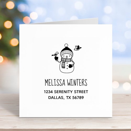 Smiling Snowman in Knitted Hat and Scarf Address 2 Rubber Stamp