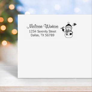 Smiling Snowman in Knitted Hat and Scarf Address Rubber Stamp