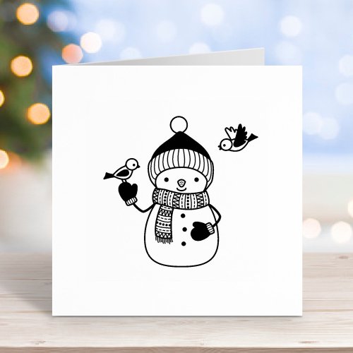 Smiling Snowman in Knitted Hat and Scarf Rubber Stamp