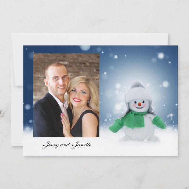 Smiling Snowman in snow Personalize with a Photo Holiday Card (Front)